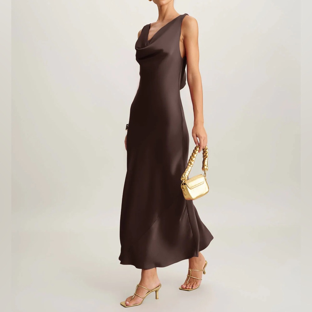 Rihoas Coffee Satin Cowl Neck Maxi Dress